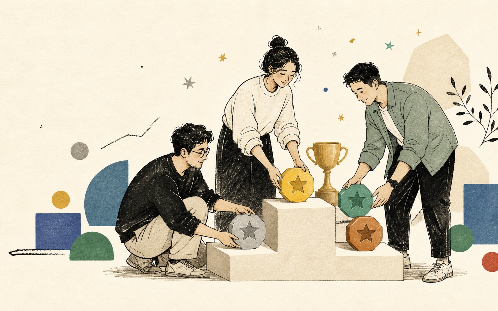 创业者、投资人和消费者一起把评价放上领奖台的插画